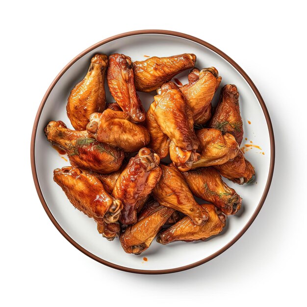 a plate of chicken wings is placed on a white background in the style of birdseyeview