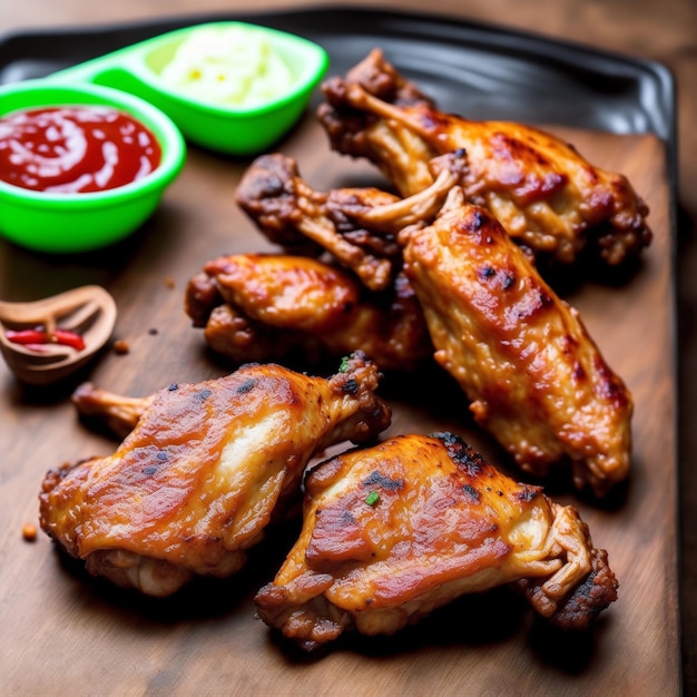 A plate of chicken wings with a bowl of ketchup and a bowl of ketchup.