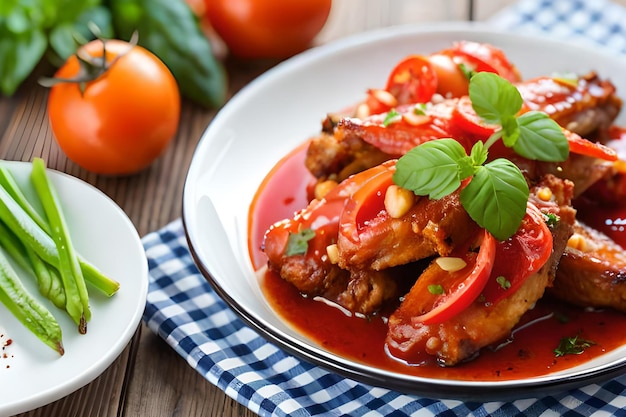 A plate of chicken wings with a bowl of vegetables on a table.