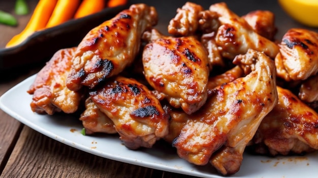 A plate of chicken wings with carrots on the side