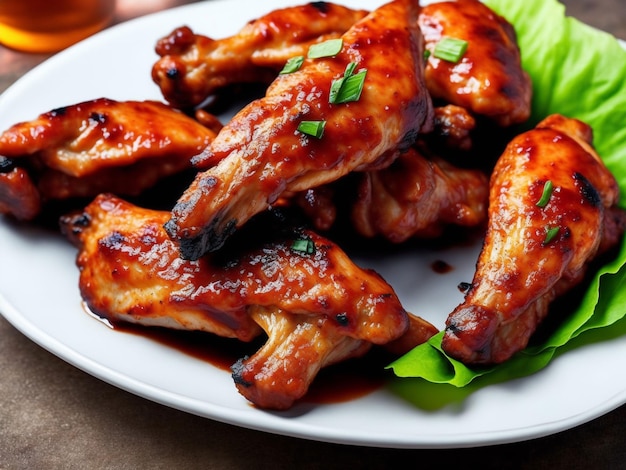 A plate of chicken wings with a green leaf on the side
