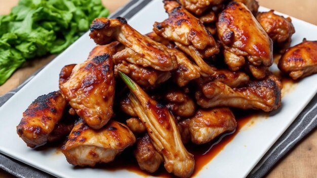 A plate of chicken wings with a green vegetable in the background