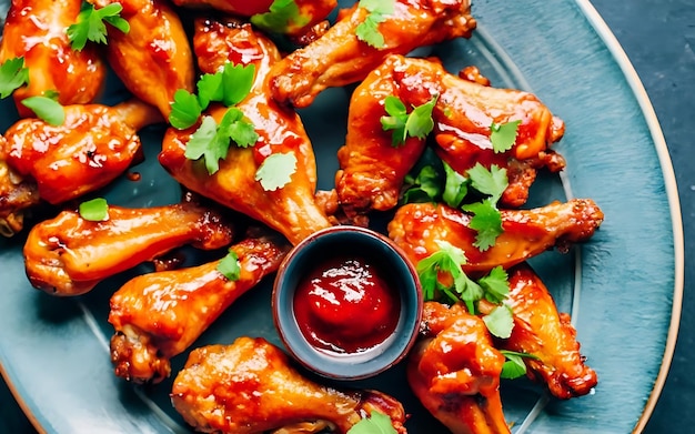 Photo a plate of chicken wings with ketchup and parsley