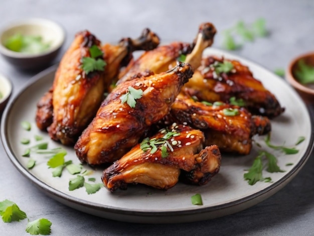 a plate of chicken wings with parsley on top