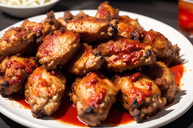 A plate of chicken wings with a red sauce on top.