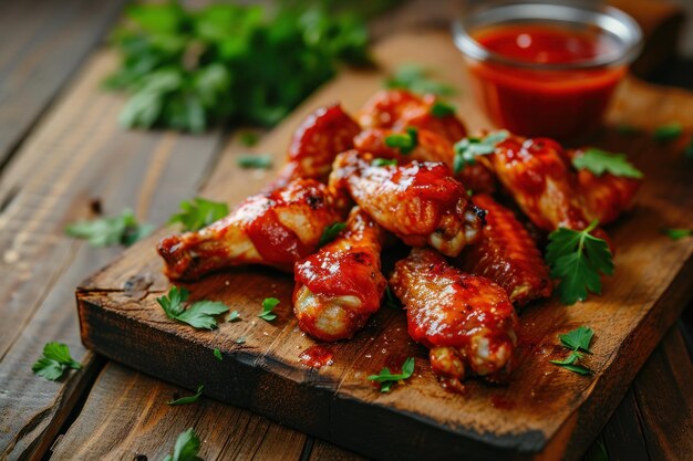 A plate of chicken wings with sauce and parsley