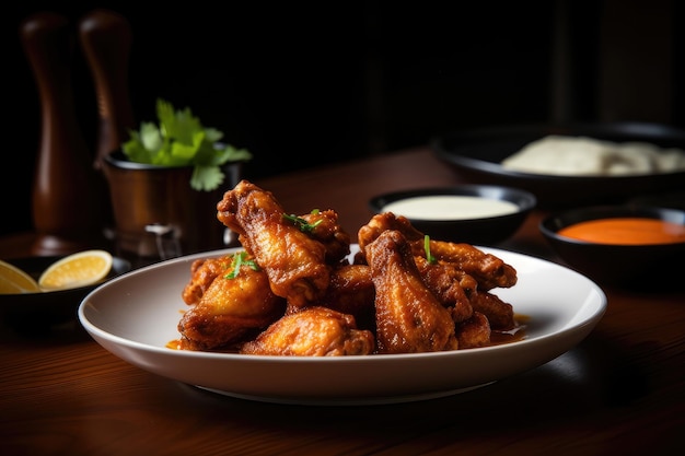 A plate of chicken wings with sauces on the side.