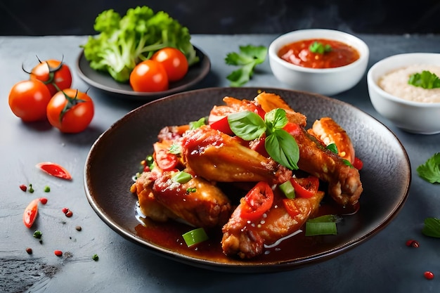 Photo a plate of chicken wings with tomato sauce and vegetables.