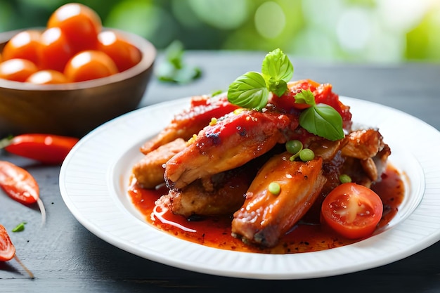 A plate of chicken wings with tomato sauce