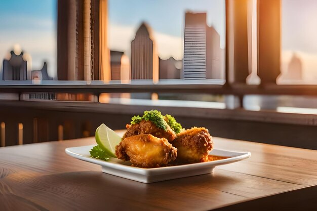 A plate of chicken with a city in the background