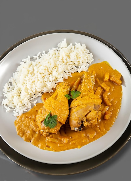 plate of chicken with curry sauce and rice isolated top view_ai_generated