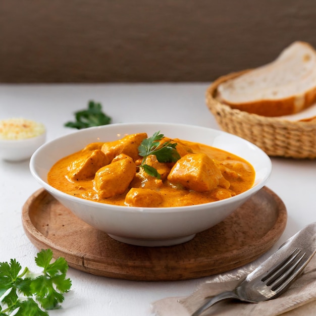 plate of chicken with curry sauce and rice on white background