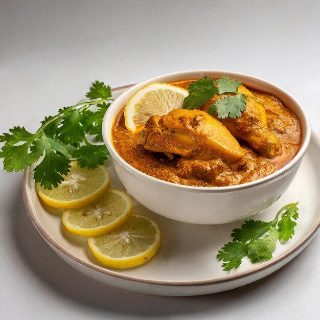 Photo plate of chicken with curry sauce and rice on white background