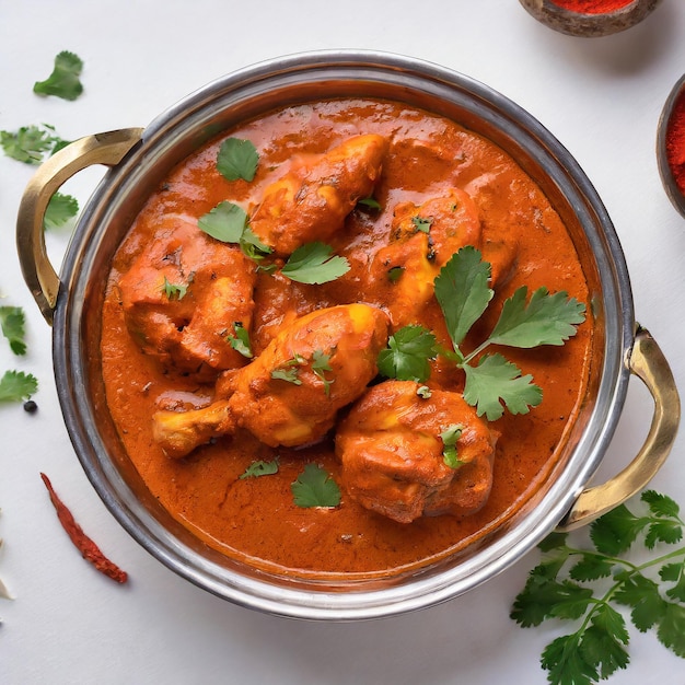 Photo plate of chicken with curry sauce and rice on white background