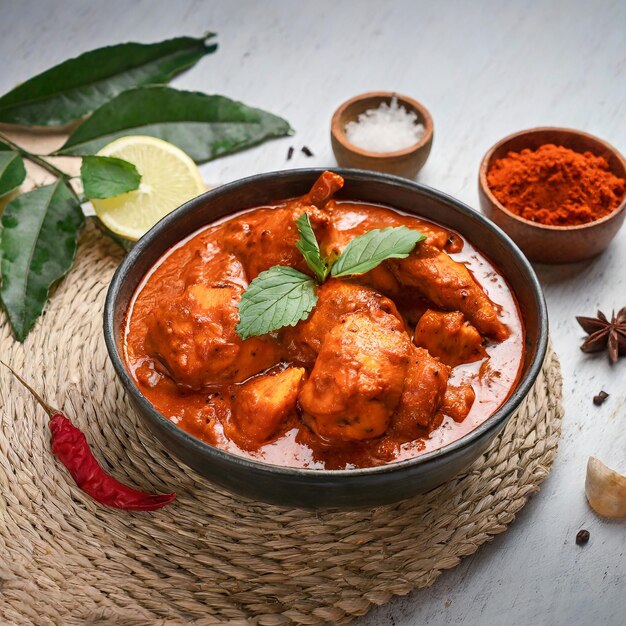 Photo plate of chicken with curry sauce and rice on white background