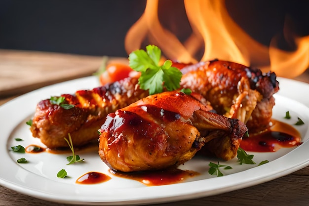 A plate of chicken with a fire in the background