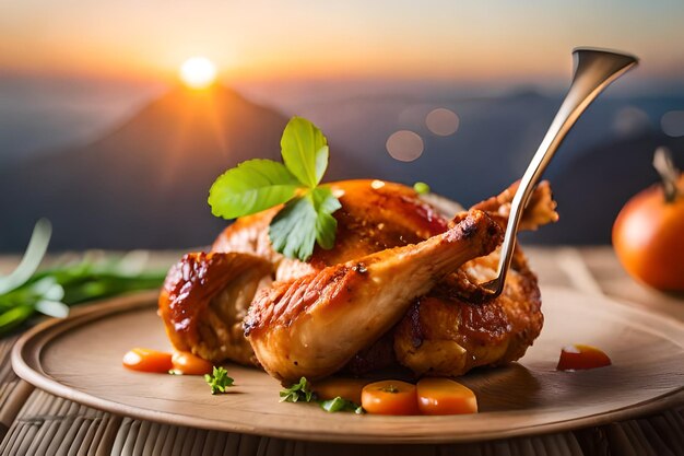 a plate of chicken with a fork and some vegetables on it