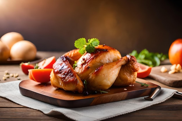 A plate of chicken with a garnish of parsley on it