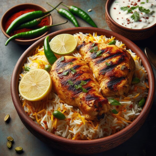 Photo a plate of chicken with lemons and rice and a side of rice