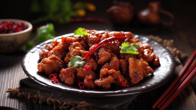 A plate of chicken with red chili pepper on it