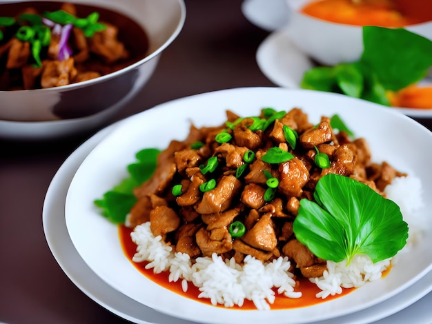 A plate of chicken with rice and green onions.