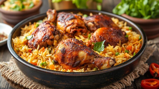 a plate of chicken with rice and vegetables on a wooden table