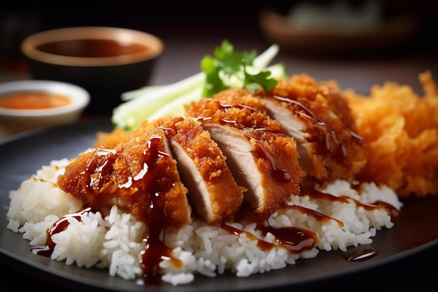 A plate of chicken with rice and vegetables