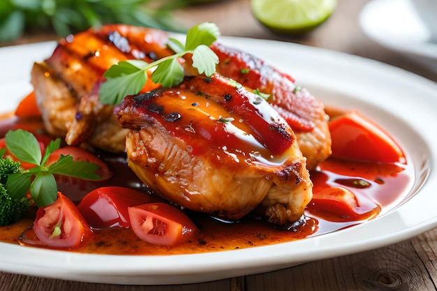 A plate of chicken with tomatoes and cilantro on it