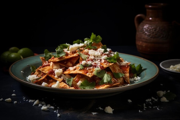 Plate of chilaquiles garnished food