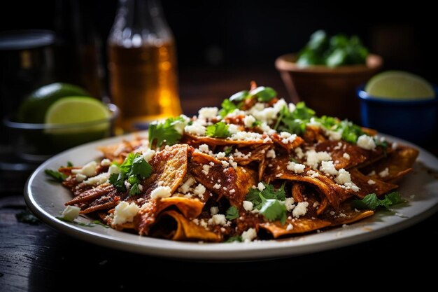 Photo plate of chilaquiles garnished with a sprinkle of smo