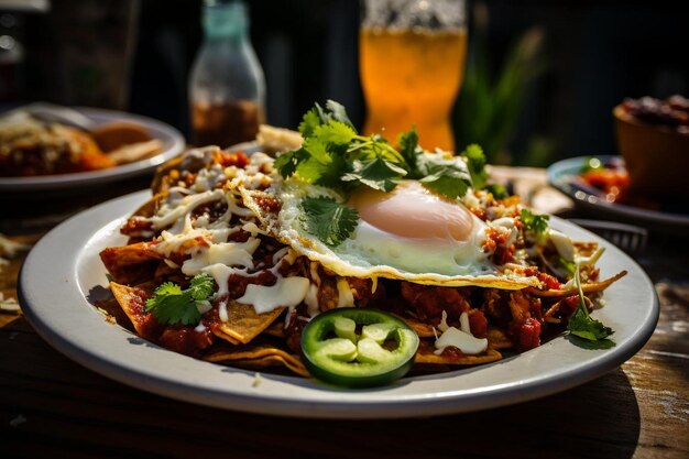 Photo plate of chilaquiles garnished with a sprinkle of smo