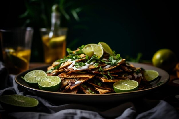 Plate of chilaquiles topped with sliced avocado