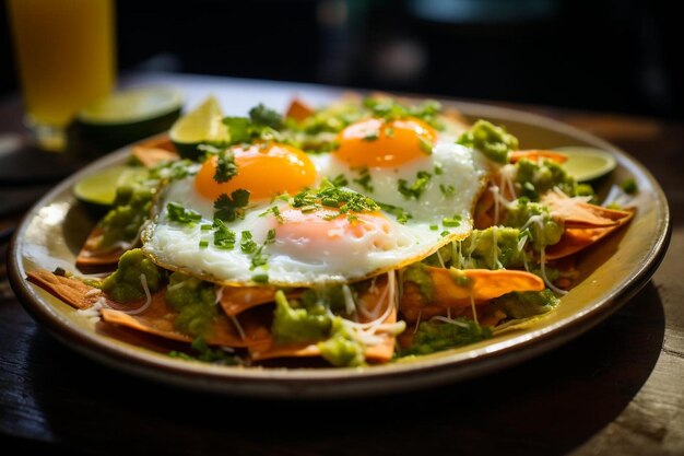 Plate of chilaquiles topped with sliced avocado