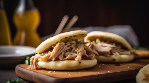 A plate of chinese buns with pork on it