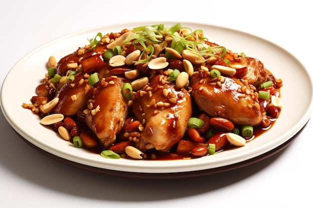 A plate of chinese food with chicken and peanuts.