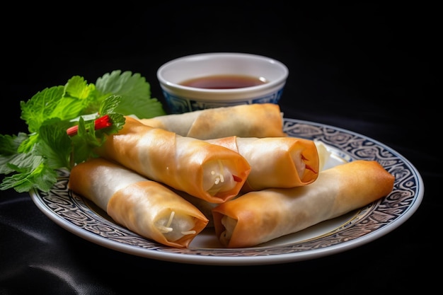 A plate of chinese food with a small bowl of soy sauce on the side