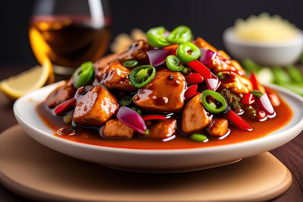 A plate of Chinese Kung Pao Chicken with a glass of red wine behind it