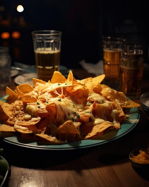 a plate of chips and a glass of beer on a table.