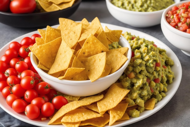 A plate of chips and guacamole with guacamole on the side