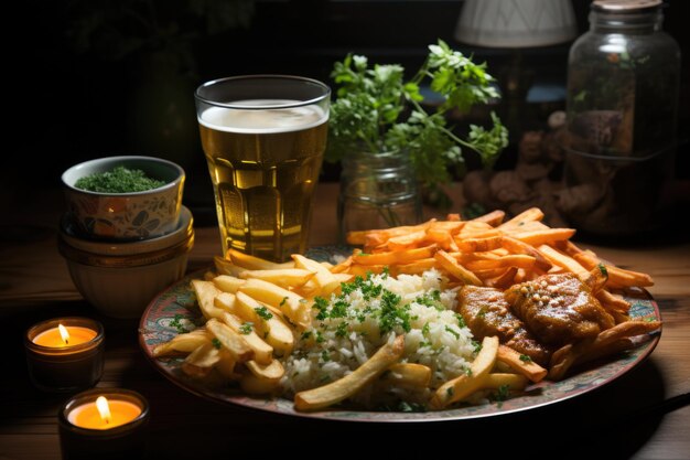 Photo a plate of chips and rice with a cup of beer generative ia