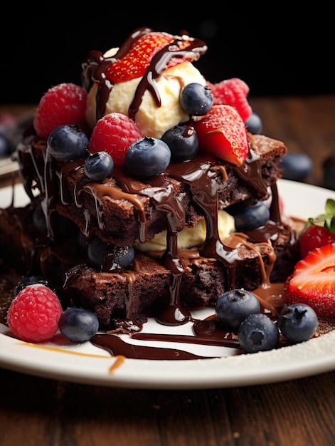 a plate of chocolate cake with berries and bananas on it