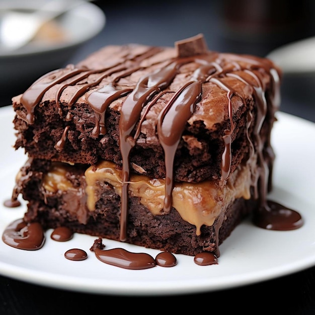 a plate of chocolate cake with chocolate drizzled on the top.