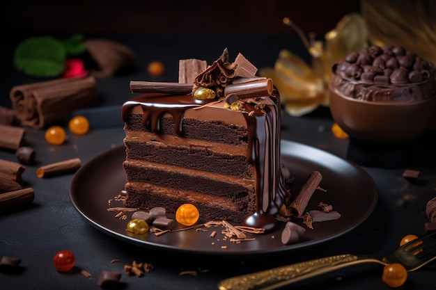 A plate of chocolate cake with chocolate and nuts on it