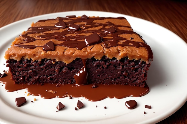 A plate of chocolate cake with a chocolate sauce drizzled on top.