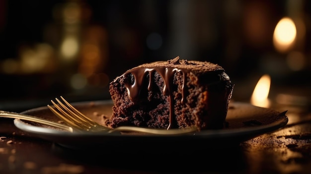 フォークが乗ったチョコレートケーキのプレート