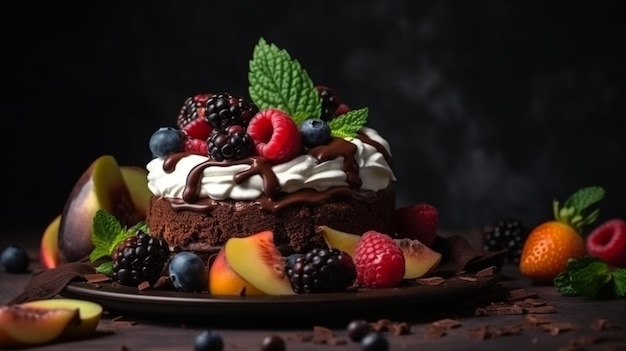 A plate of chocolate cake with fruit on it