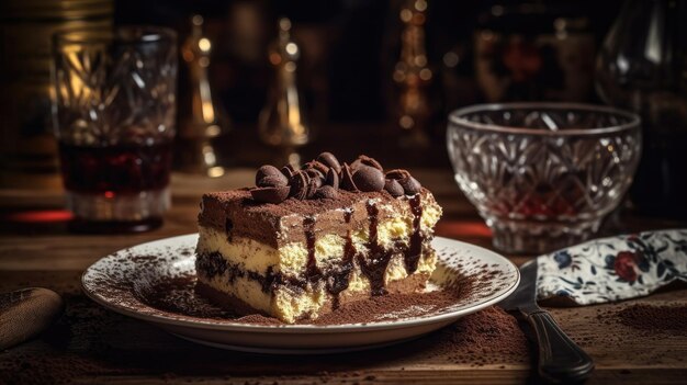 A plate of chocolate cake with a glass of whiskey on the side