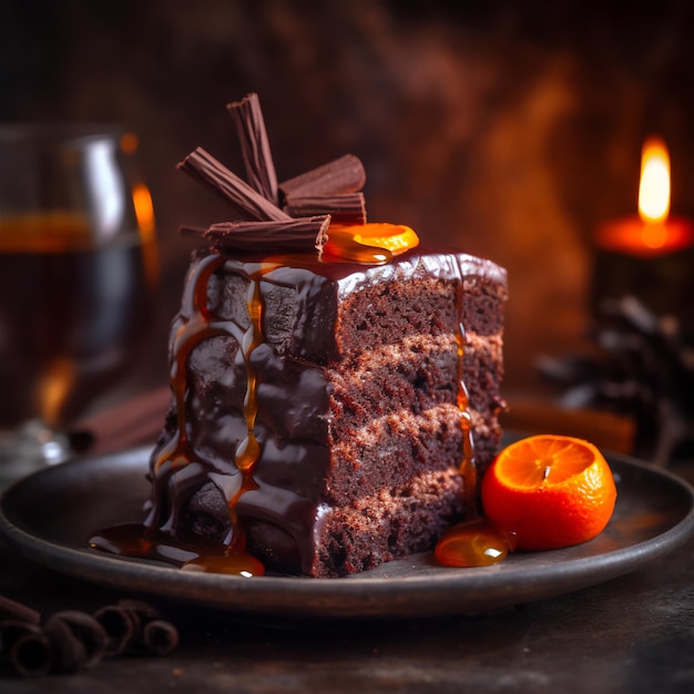 A plate of chocolate cake with a piece of chocolate icing and a orange.