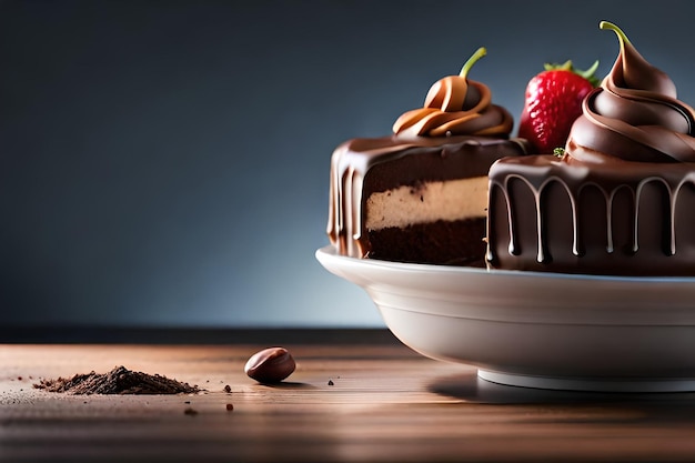 A plate of chocolate cake with a piece of chocolate and strawberries on it