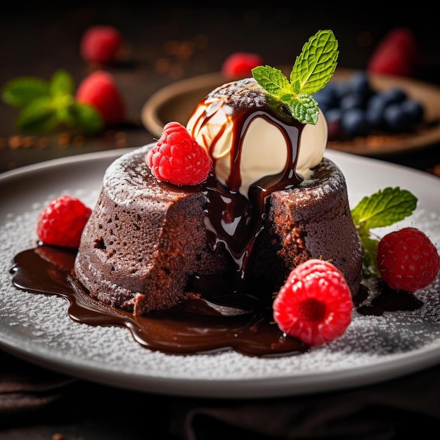 a plate of chocolate cake with raspberries and mint leaves.